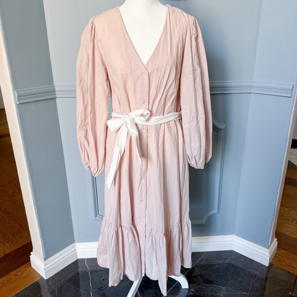 Tan midi cotton dress with tie belt
